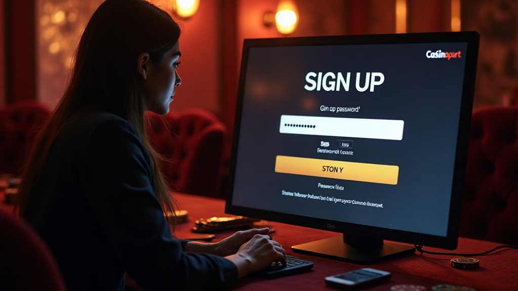 A new player creating a casino account on a glowing screen