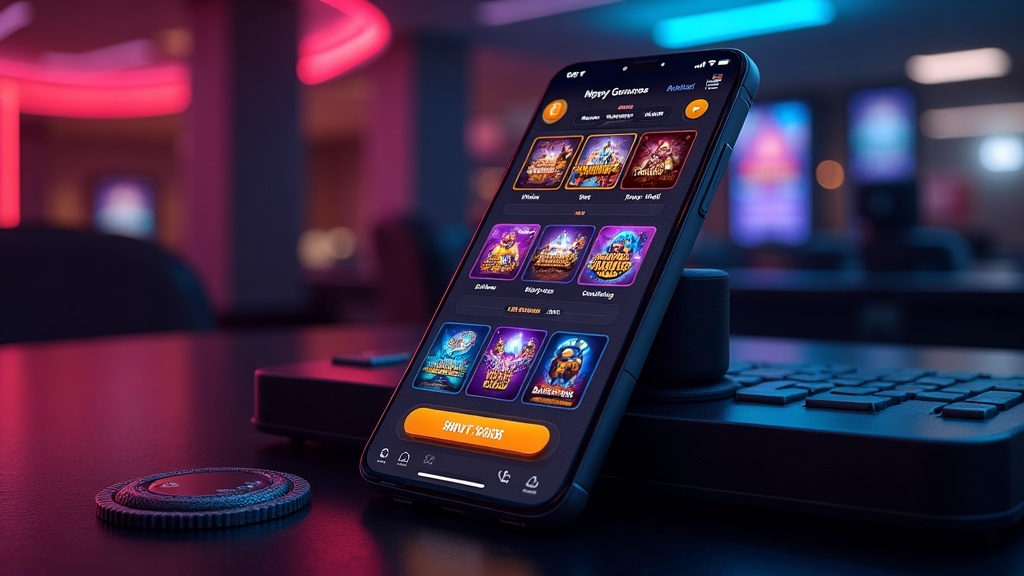 Casino app lobby on a phone with clear game tiles and cashier icons