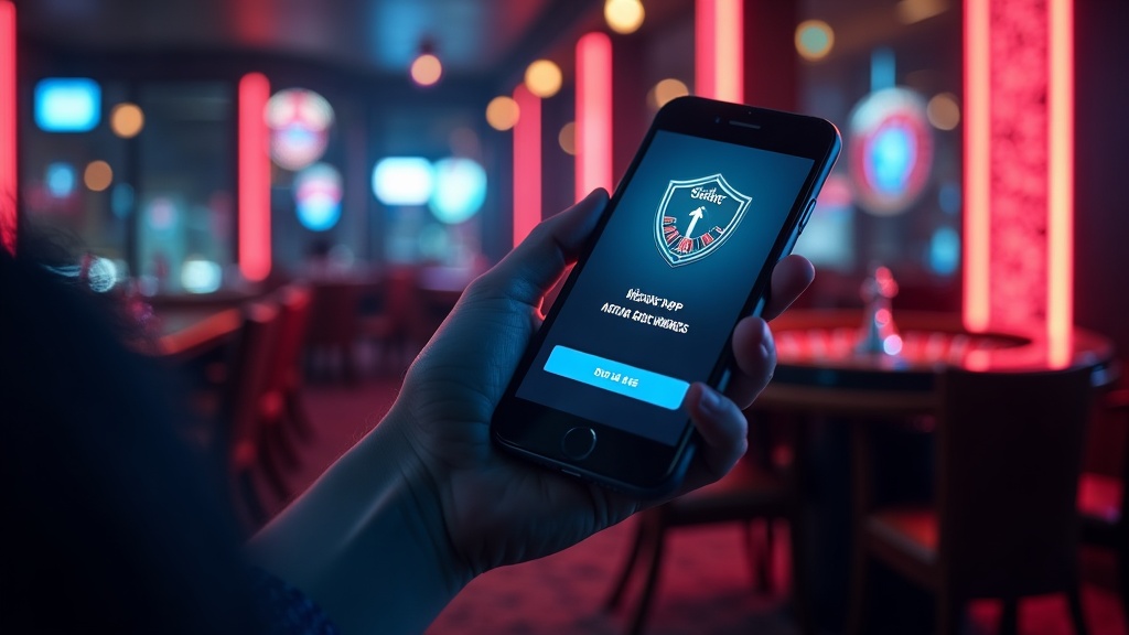 Smartphone showing a secure casino app download screen in a dark neon casino setting