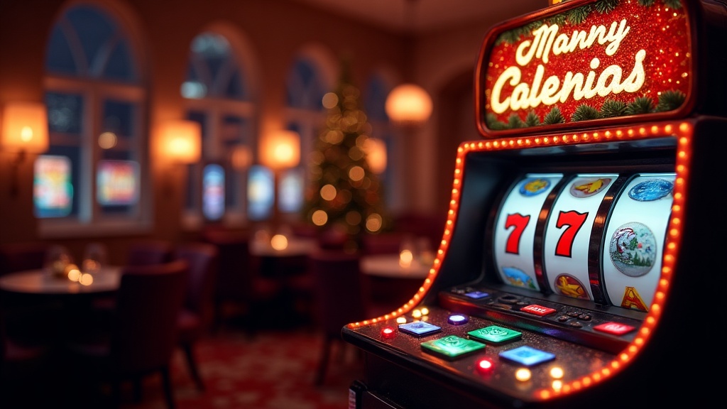 Seasonal casino scene with themed free spins and limited-time bonus lights