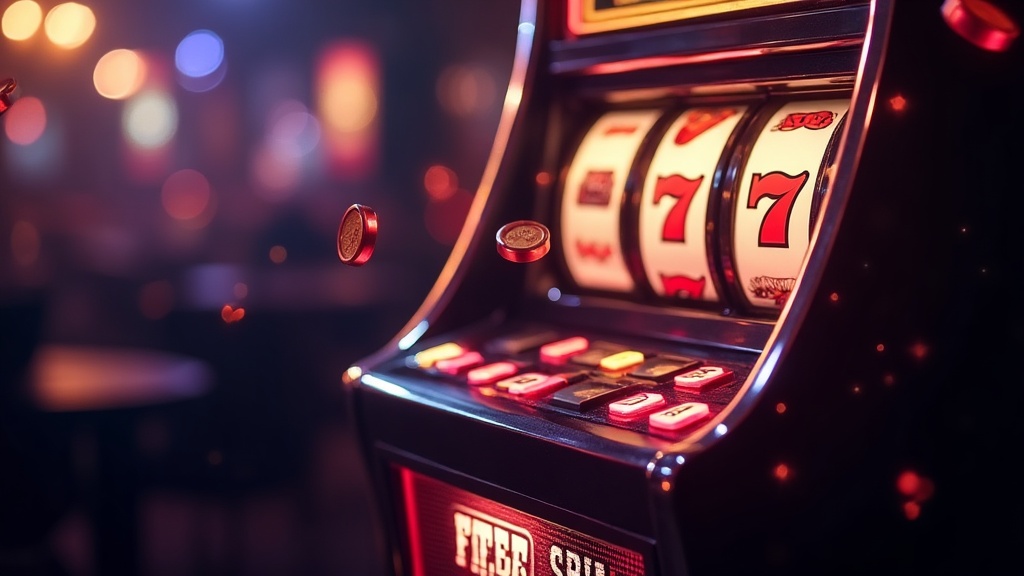 Selected slot machine with glowing free-spin tokens in a casino lounge