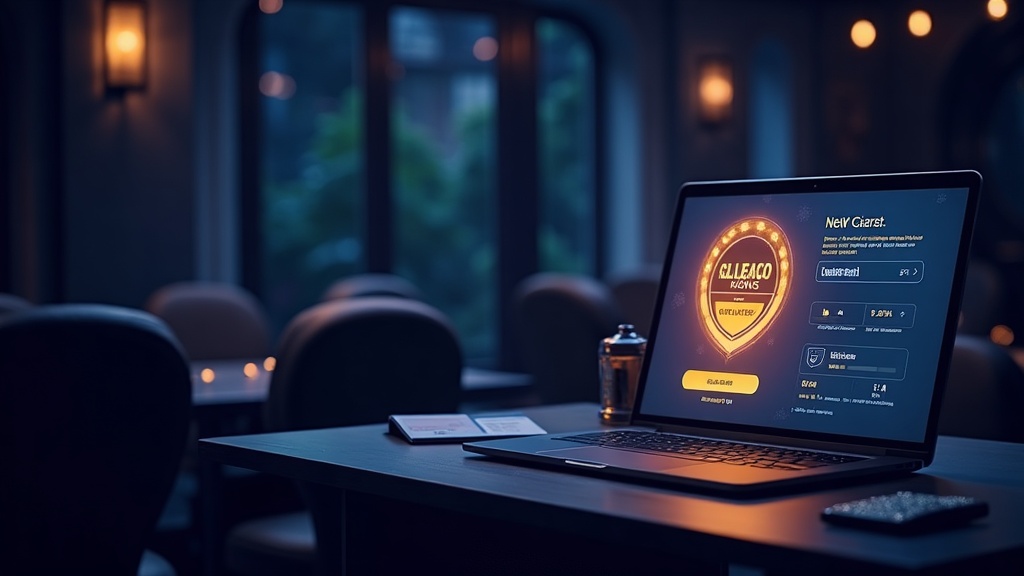 Signup desk with ID check, phone, and bonus badge in a casino setting