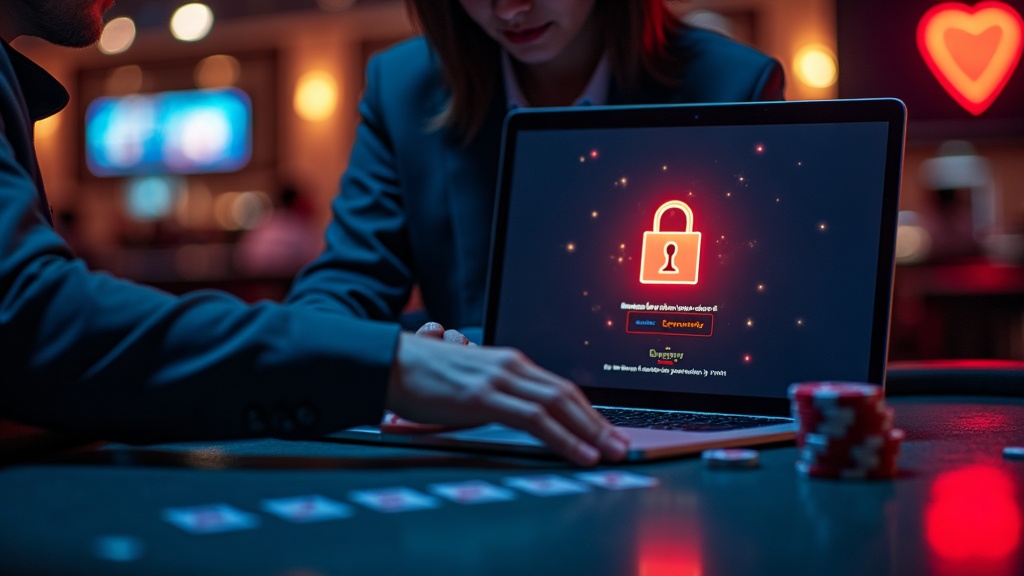 A player fixing a casino login problem on a laptop in a dark room