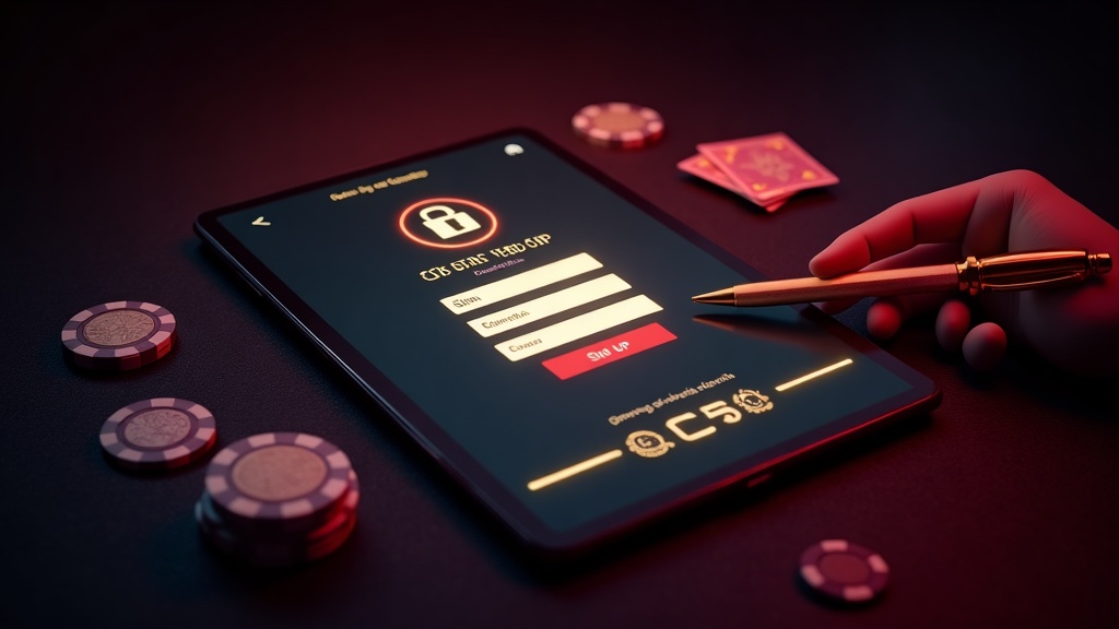 A casino sign-up form glowing on a tablet in a dark premium setting