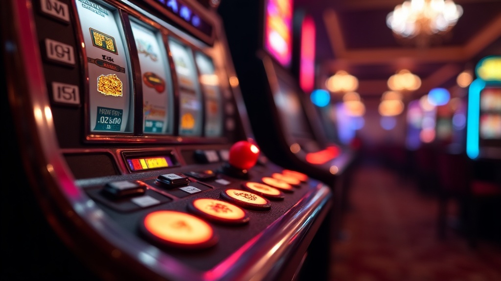 Slot machine screen showing wagering meters and free-spin tokens