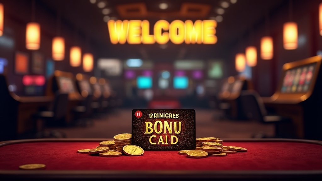 Casino lobby with a glowing welcome bonus card and slot reels